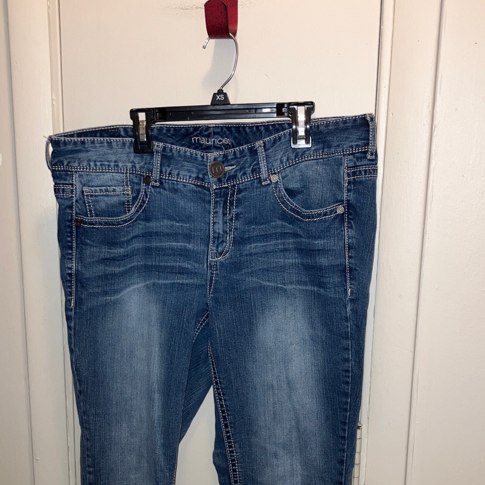 Maurices Dark Blue Flared Distressed Denim Jeans for Women Size 14